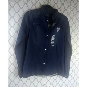 Guess Faux Denim Rhinestone Logo Button Shirt